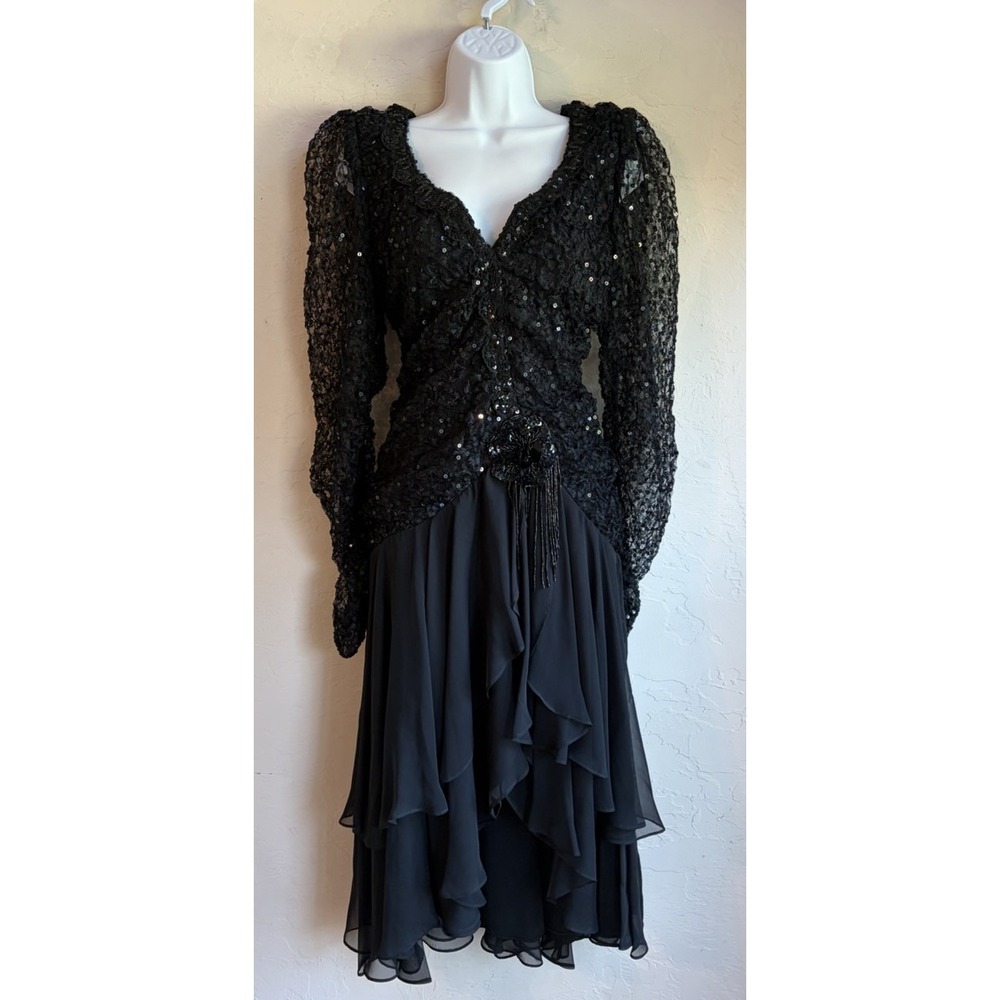 Vintage 80s Karen Okada David Howard Sequin Tiered Ruffle Dress 4 Beaded Goth